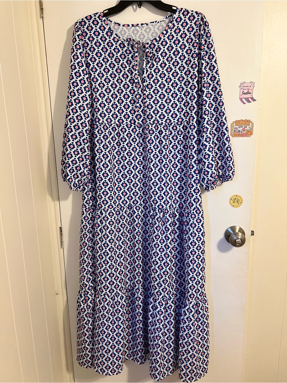 Blue & White Patterned Women's Tiered Midi Dress
